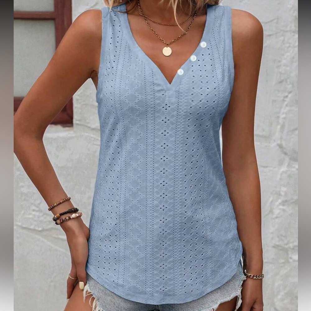 New V neck Blue Sleeveless Eyelet Top